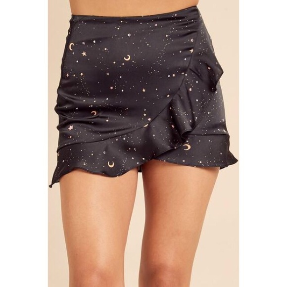 Black Galaxy Print Ruffle Satin Skirt - Picture 6 of 7